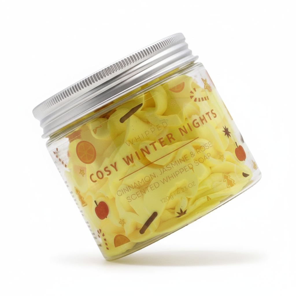 Cosy Winter Nights Whipped Soap for Winter - 120g festive cleanser with shimmering sugar stars and a rich, soothing formula.
