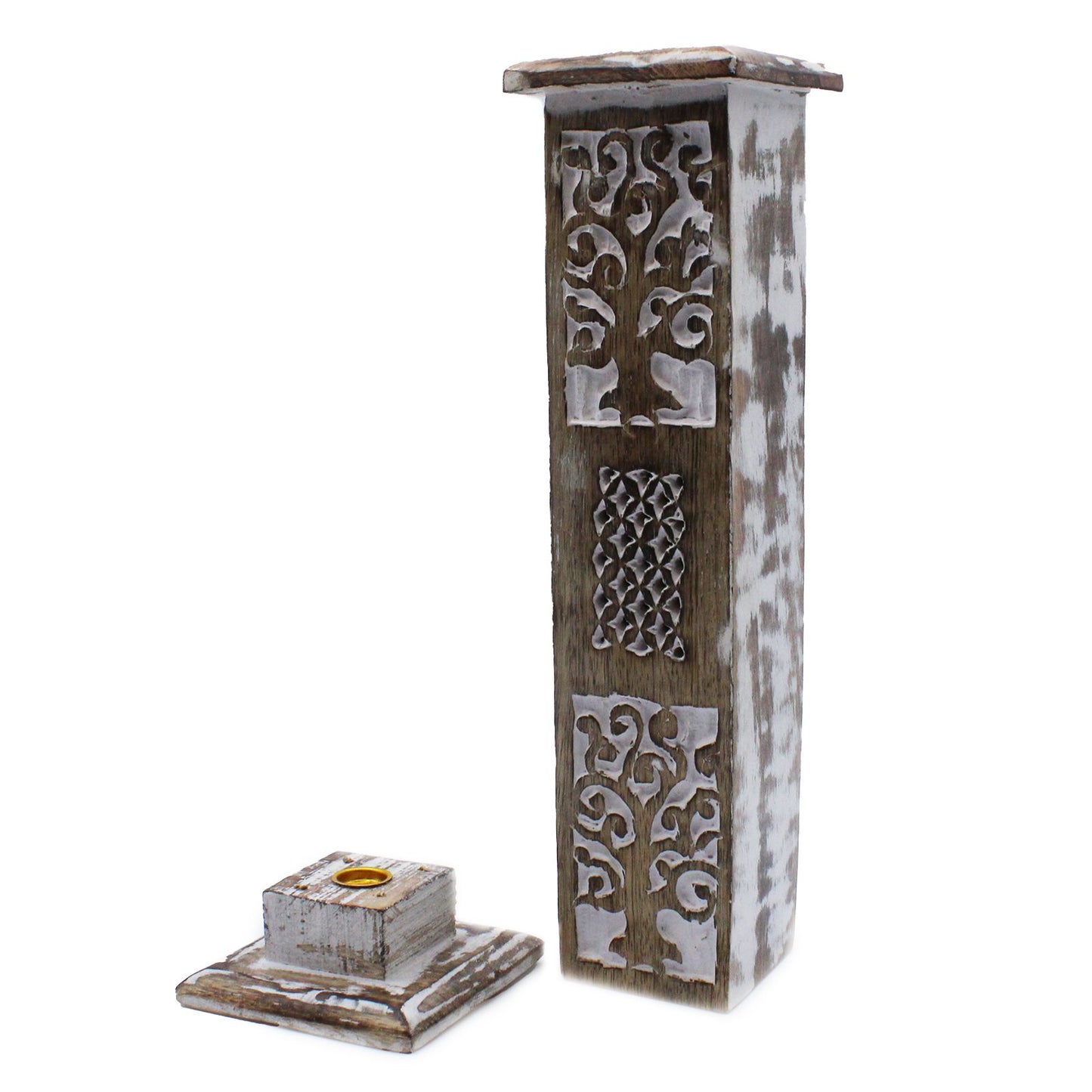 Elegant White Washed Smoke Tower Incense Holder shown with detailed carvings and a base, providing an enchanting touch to your decor. It’s perfect for creating a tranquil ambiance and makes a lovely Christmas gift home fragrance.