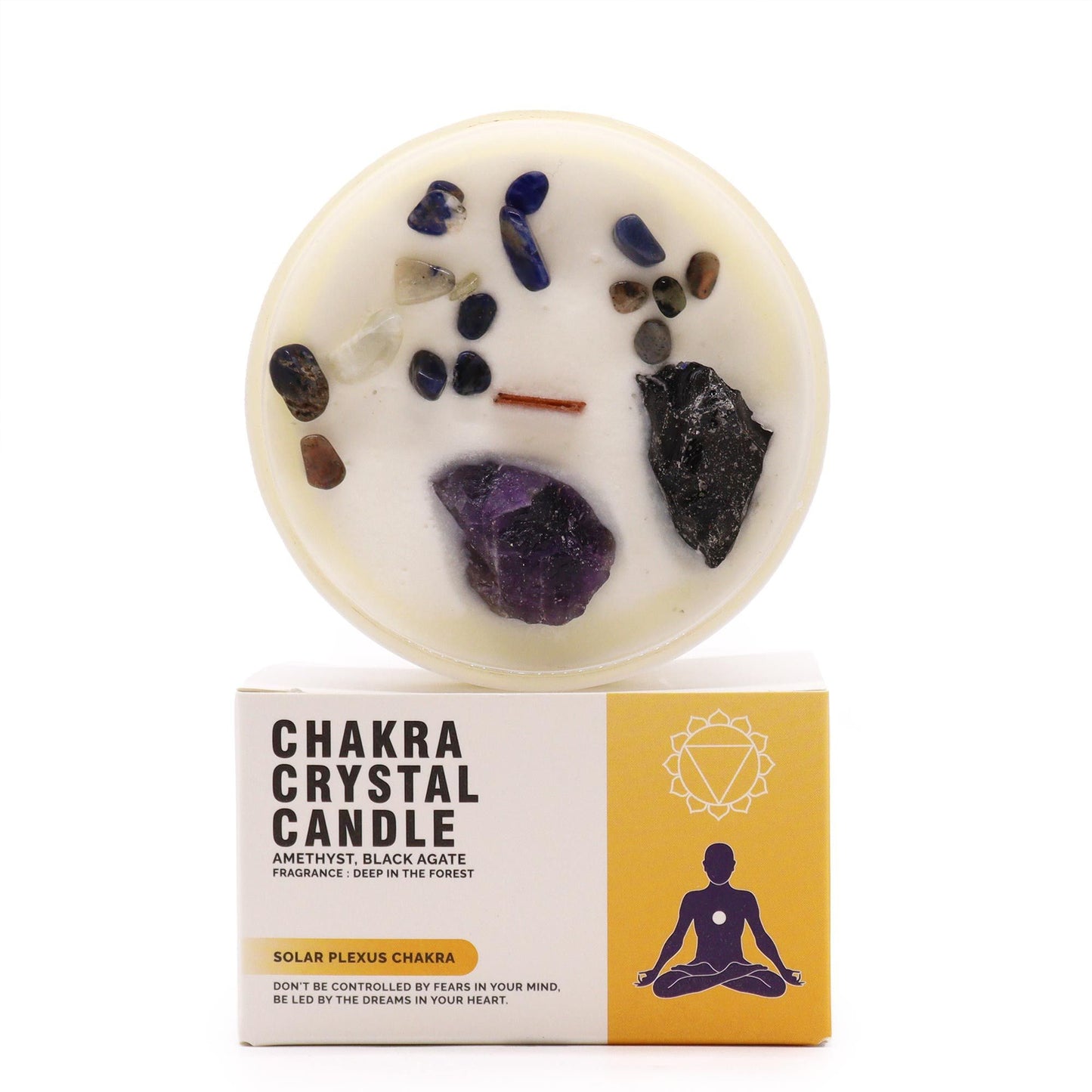 A Solar Plexus Chakra Candle with genuine gemstones, including Amethyst and Black Agate, showcasing the enchanting aroma of "Deep in the Forest". Perfect for boosting confidence, this candle makes a fantastic Christmas gift and enhances home fragrance.