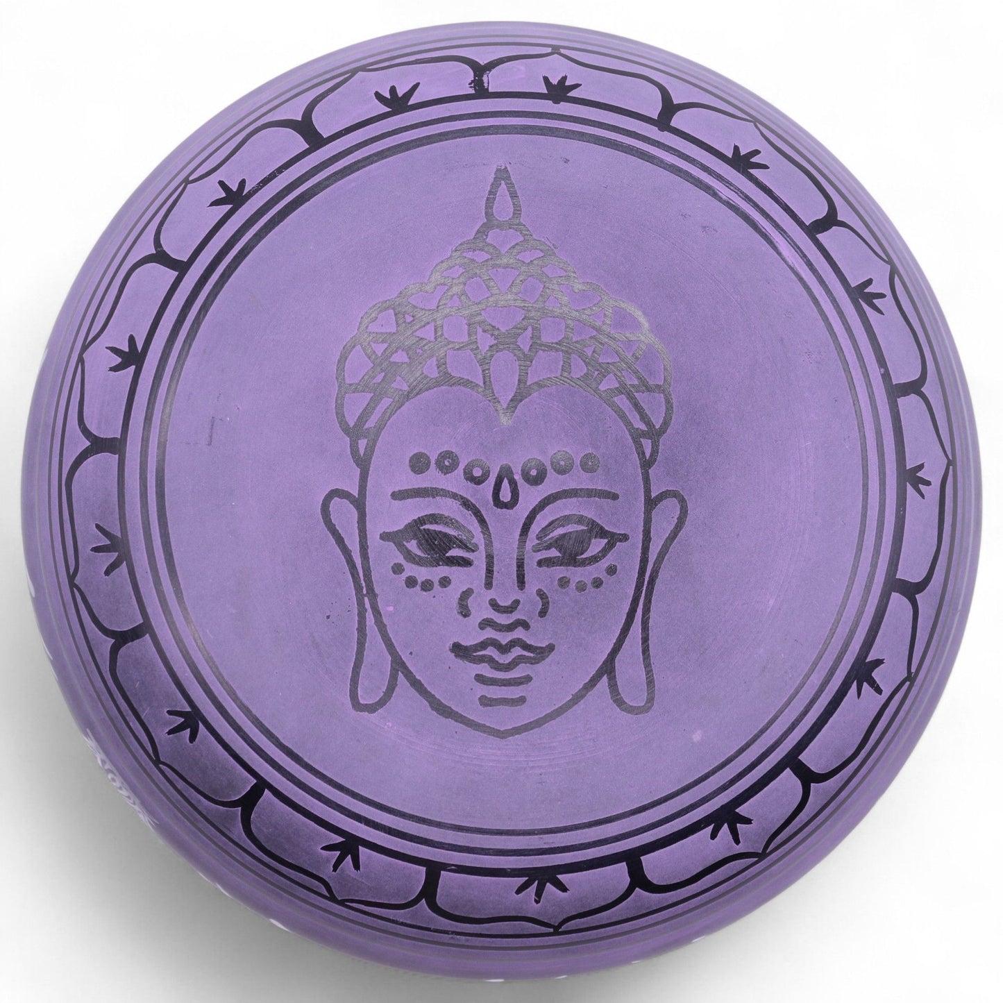 Extra Loud Purple Haze Singing Bowl - 23cm meditation tool featuring intricate buddha design. Ideal for sound therapy and mindfulness practice, making it a unique Christmas gift for home fragrance enthusiasts.