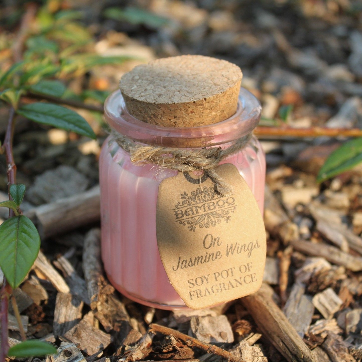 On Jasmine Wings Soy Wax Candle placed outdoors on natural wood, showcasing its rustic charm. This eco-friendly candle is an ideal Christmas gift for those who appreciate quality home fragrances.