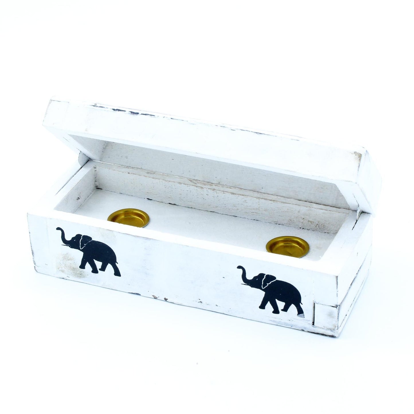 White Washed Incense Holder - 15cm Decorative Smoke Box featuring an open design with two round incense holders, decorated with elephant motifs. Ideal for creating a calming atmosphere, this stylish incense holder is a perfect {{scent}} {{product_type}} – Christmas Gift Home Fragrance.