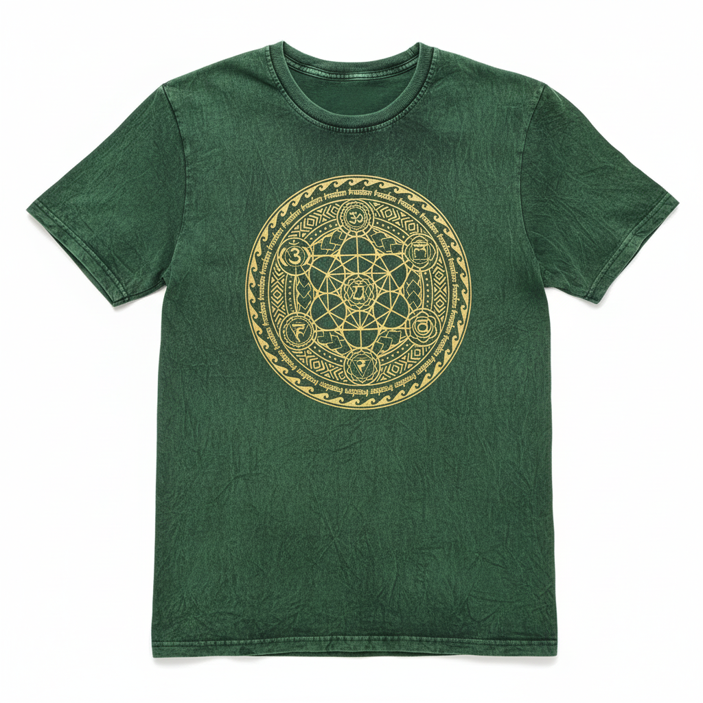 Large Green Stone Washed T-Shirt featuring a unique Chakra design for comfort and style - Perfect for casual wear
