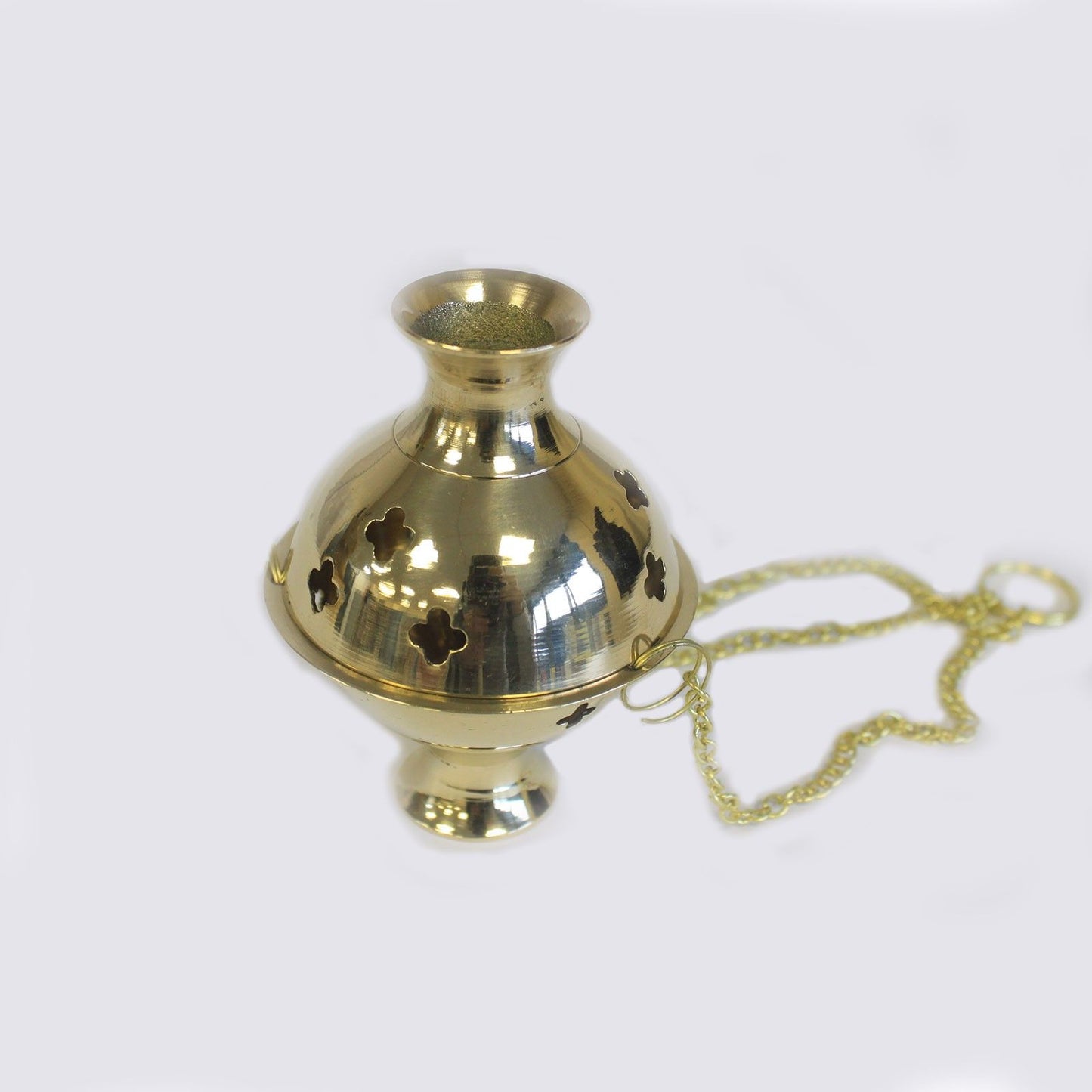 Hanging Brass Incense Burner - Ideal for Meditation & Rituals, showcasing a beautifully polished brass design with intricate cut-out patterns. This versatile burner is perfect for creating soothing atmospheres and making a wonderful Christmas gift for home fragrance enthusiasts.