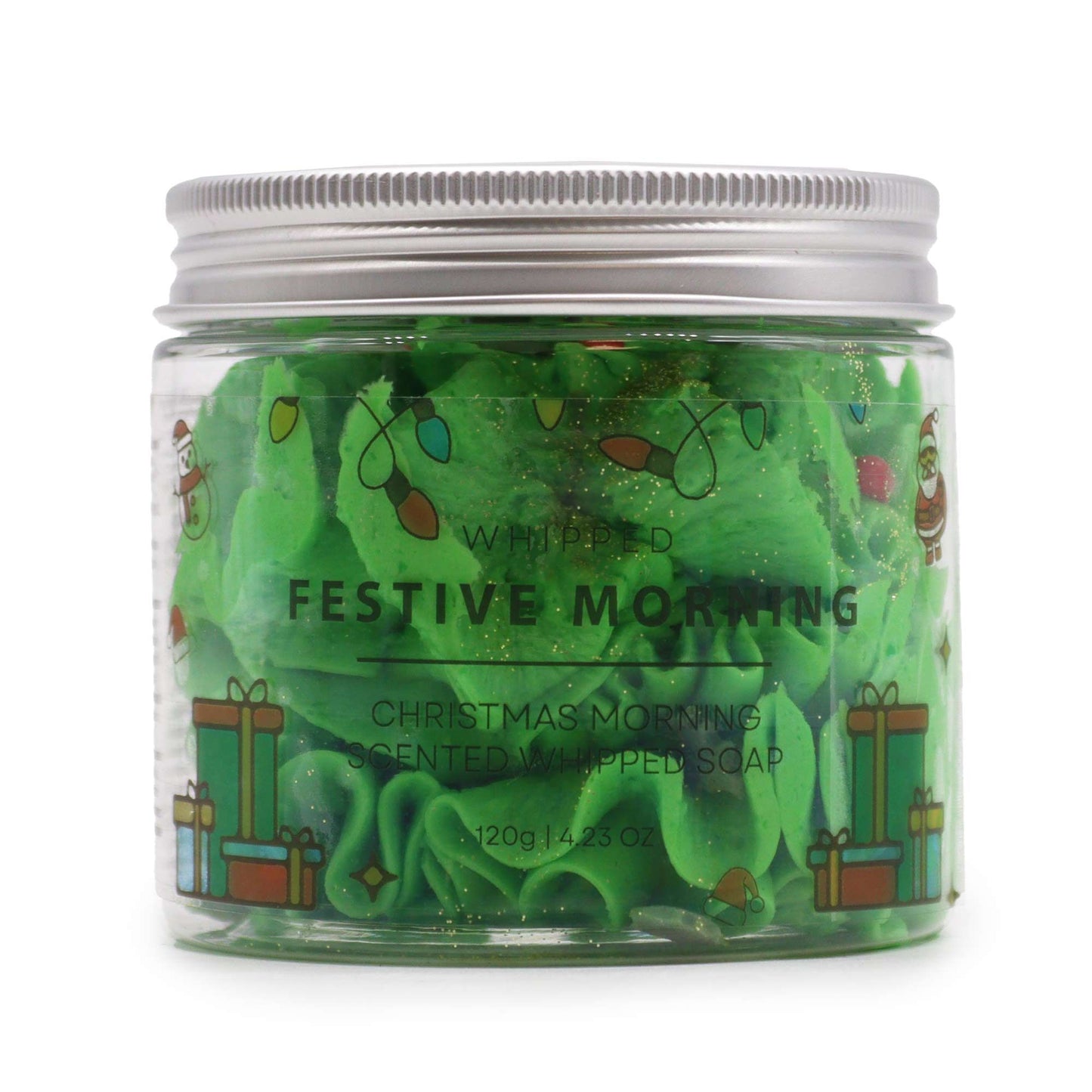 Festive Morning Whipped Soap 120g – Christmas Gift for Cosy Homes features a jar of vibrant green fluffy whipped soap adorned with charming holiday designs. This delightful product, with its soothing scent, serves as a perfect {{scent}} {{product_type}} – Christmas Gift Home Fragrance that brings festive cheer to your bathing experience.
