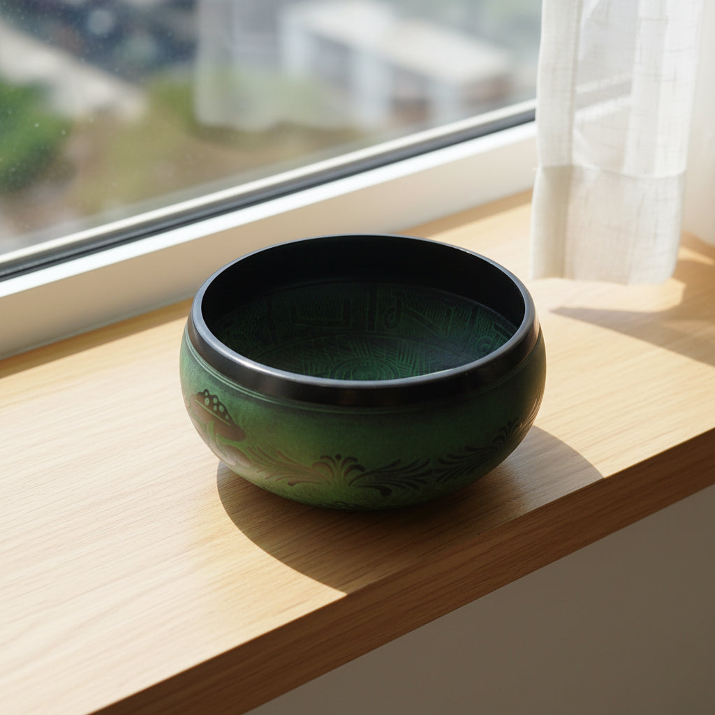 Inside view of the Moss Green Extra Loud Mushroom Singing Bowl – 23cm, showcasing intricate hand-etched motifs, perfect for meditation or as a Christmas Gift Home Fragrance.