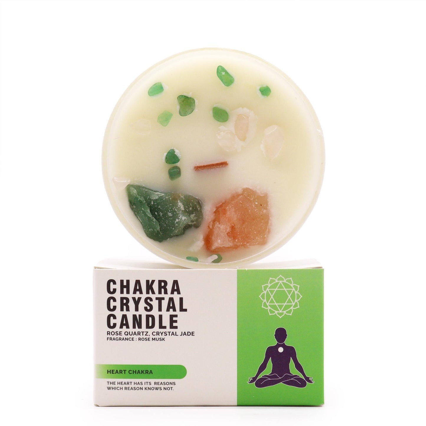 Heart Chakra Rose Musk Candle with Crystals in pristine condition, showcasing its gemstone infusion of Rose Quartz and Crystal Jade, perfect for creating a serene atmosphere. Ideal for a Christmas gift or home fragrance.