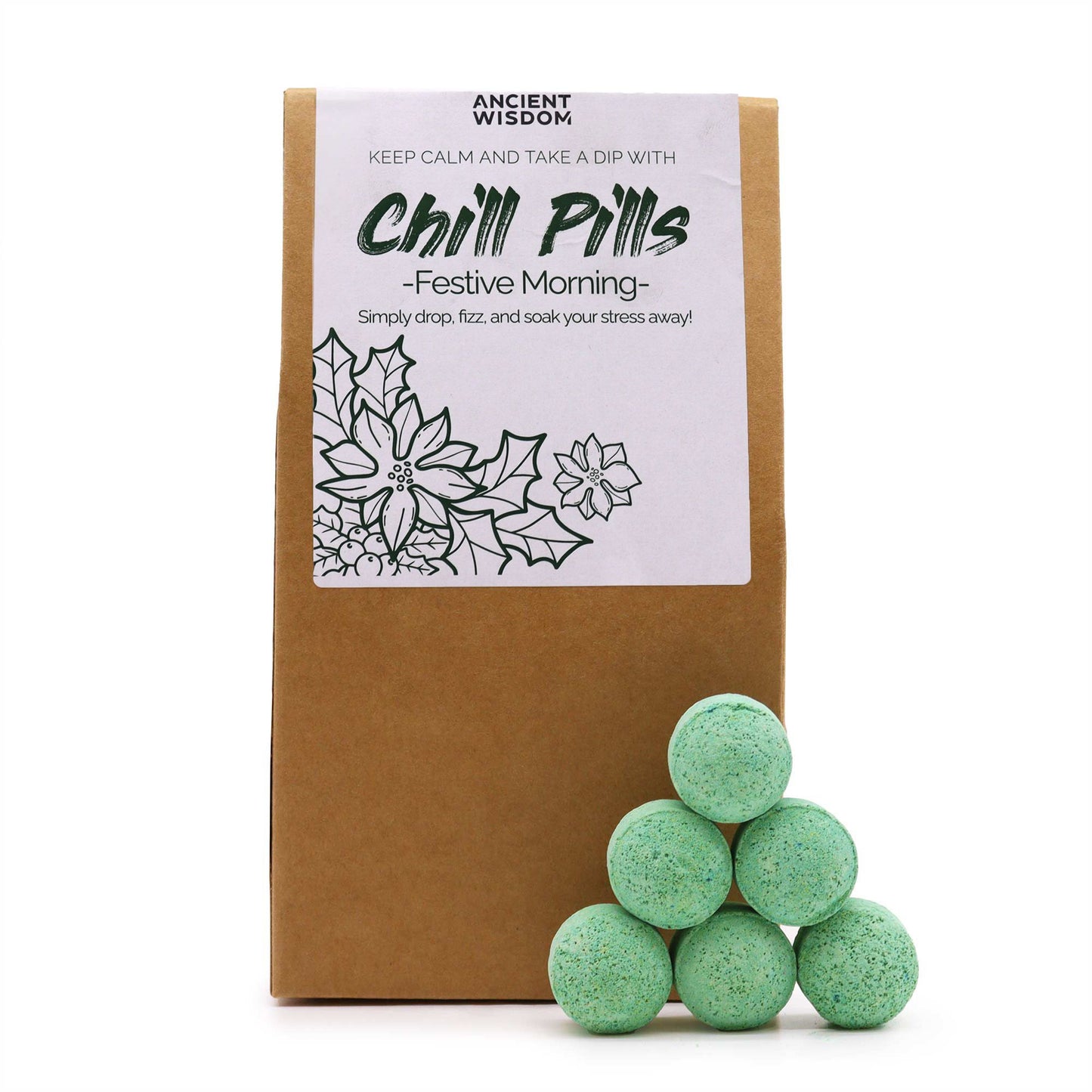 Chill Pills Gift Pack 350g – Festive Bath Bombs for Cosy Homes displayed in a simple, eco-friendly brown paper packaging. Featuring vibrant green bath bombs, this {{scent}} {{product_type}} – Christmas Gift Home Fragrance is perfect for elevating your festive relaxation moments.