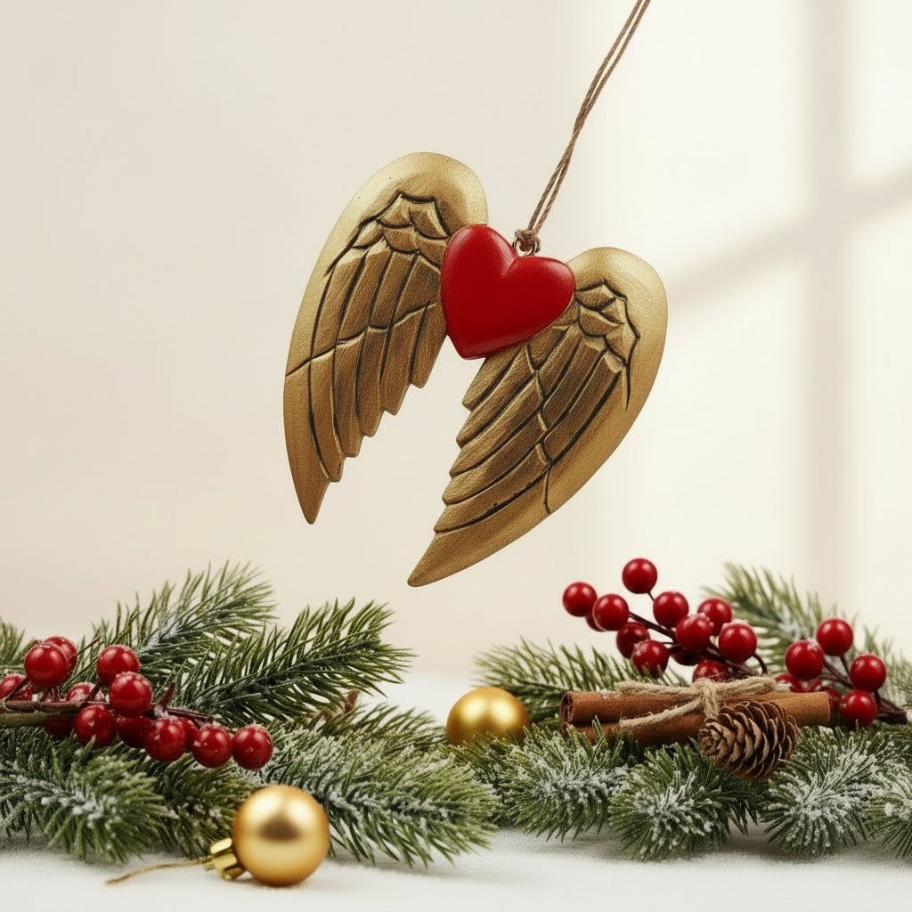 Decorative item with brown angel wings and a red heart on a white background