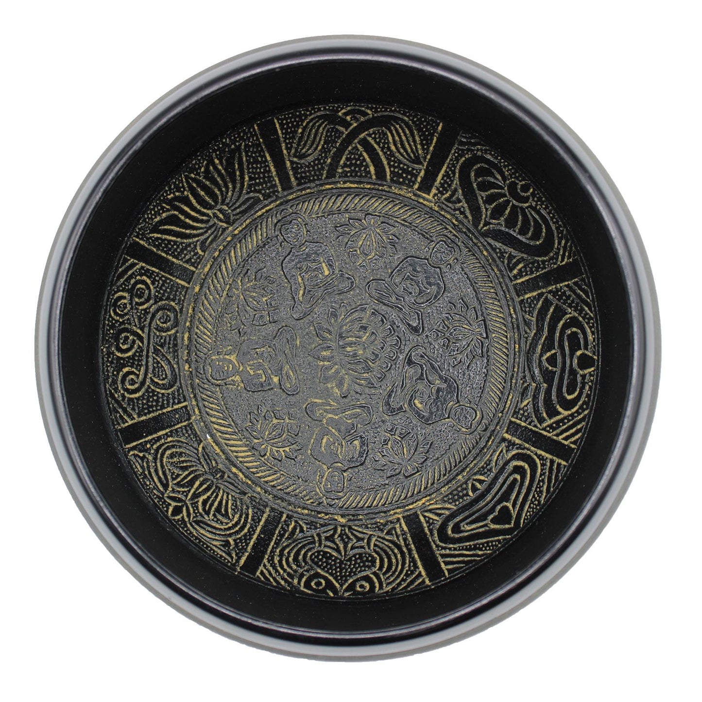 Top-down view of the Extra Loud Five Buddha Singing Bowl, highlighting its ornate designs and space for sound therapy. A wonderful {{scent}} {{product_type}} – Christmas Gift Home Fragrance.