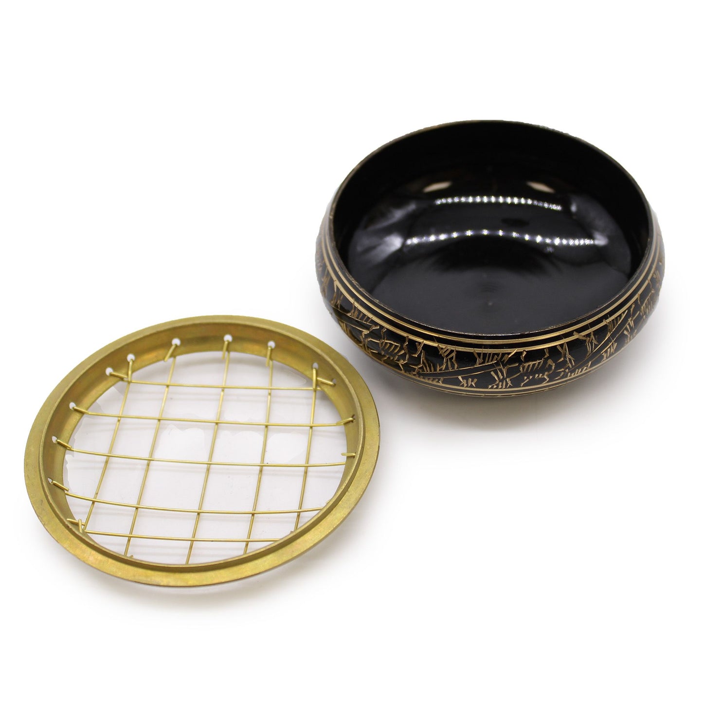 Open view of the Compact Brass Carved Incense Jar with Mesh Lid - Charcoal & Herbs, revealing its inner design and removable lid. A stylish addition for any home, this {{scent}} {{product_type}} is a thoughtful Christmas Gift for Home Fragrance lovers.