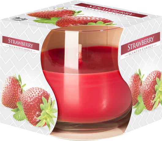 Strawberry Scented Candle in Glass Jar, beautifully packaged with ripe strawberries around it. This delightful home fragrance is the perfect Christmas gift, offering a sweet aroma and charming decor.