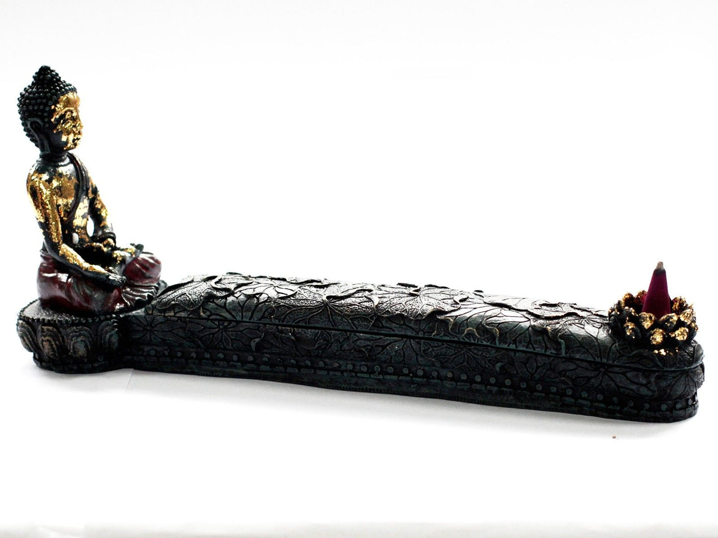 Antique Buddha Incense Burner & Box featuring a beautifully crafted incense holder with intricate designs, complemented by a Buddha figure. This elegant decor item promotes tranquillity and is an excellent choice for a Christmas gift or home fragrance enthusiast.