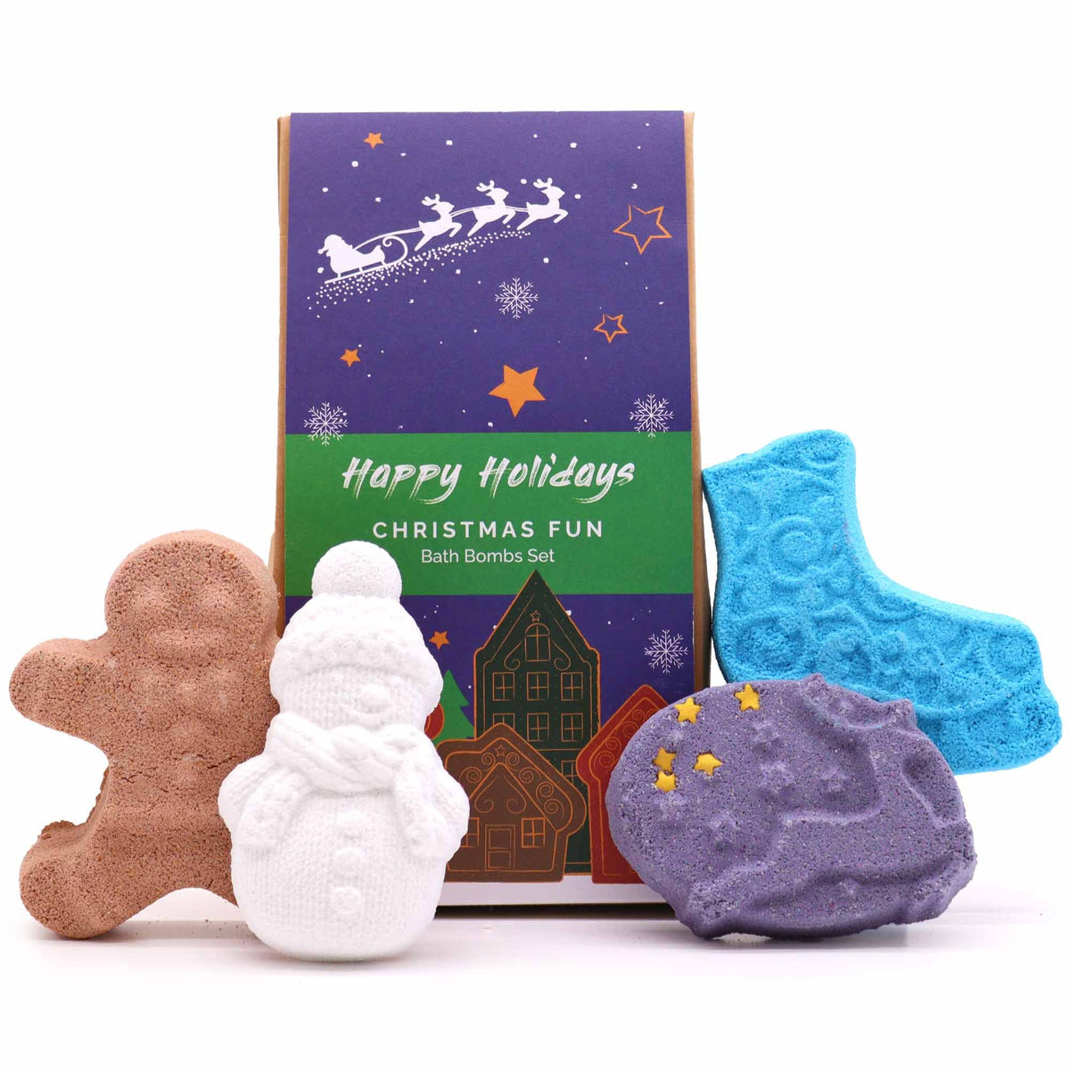 A festive display of the Christmas Fun Bath Bomb Gift Pack featuring a gingerbread man, snowman, ice skate, and reindeer bath bombs. This delightful collection brings joy and relaxation with the scents of Warm Gingerbread, Frosted Sugar Plum, Holly & Ivy, and Hot Chocolate. Perfect as a Christmas gift for home fragrance lovers.