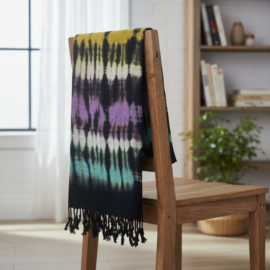 Lifestyle image of the Colourful Boho Multicolour Striped Art Stole Scarf in use, capturing its vibrant style as an essential boho multicolour scarf accessory.