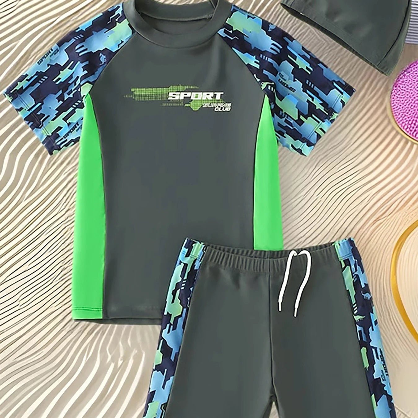 Boys’ 3-Piece Rash Guard Swim Set - Quick-Dry Shorts & Cap