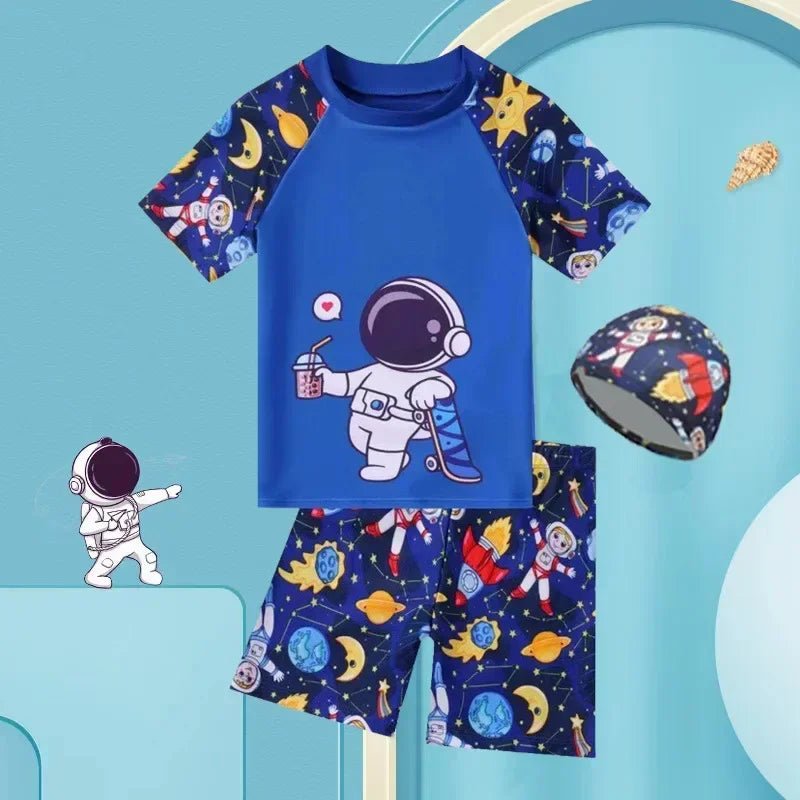 Boys Astronaut Swimsuit Set 2-Piece with Cap, Quick-Dry
