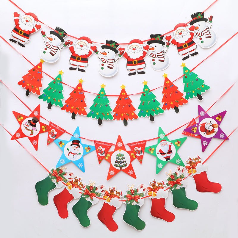 Christmas Hanging Flags Set - Colourful Socks, Snowmen & Trees