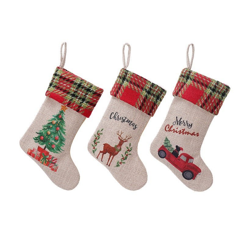 Set Of 3 Christmas Linen Stockings In Red And Green