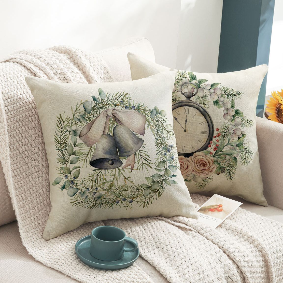 Linen Wreath Pillow Cover – Rustic Christmas Decor 45x45cm