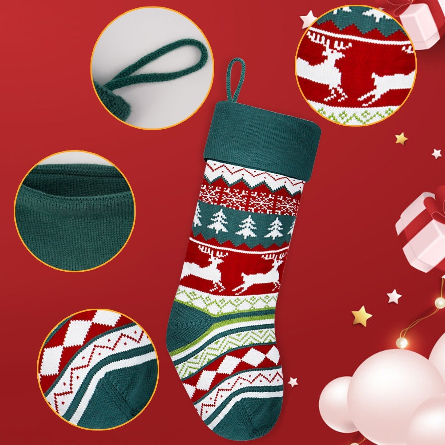 Christmas Stockings Candy Bags Set - Knitted Deer - 23x54cm