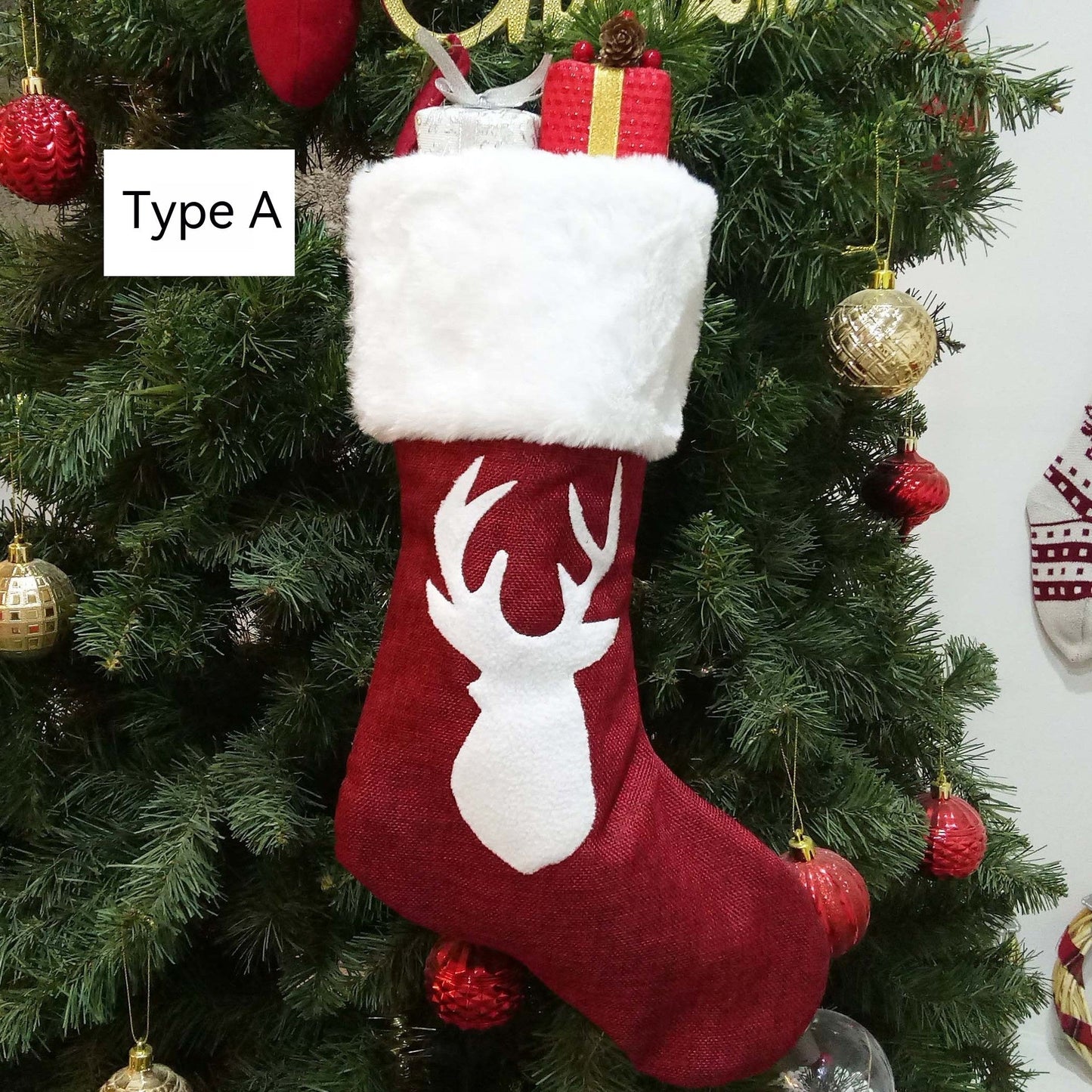 Festive Red Christmas Stockings Gift Bag with Elk Embroidery