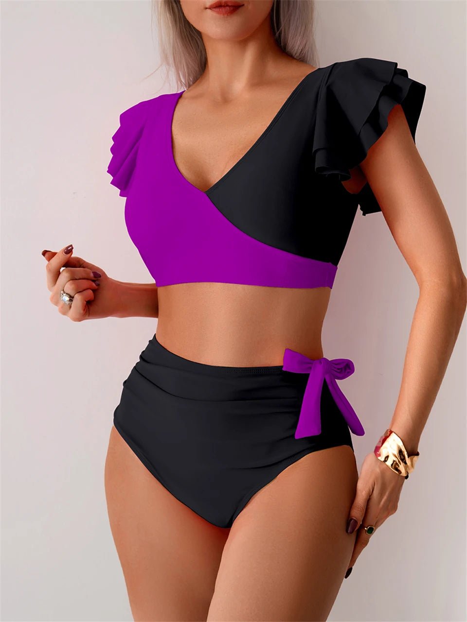 Vibrant Ruffle Trim Swimwear: Patchwork Bikini Set for Summer