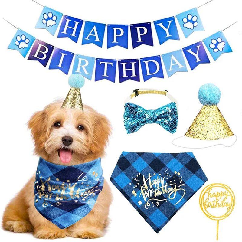 Cute Dog Birthday Hat Set with Bowtie, Banner & Cake Topper