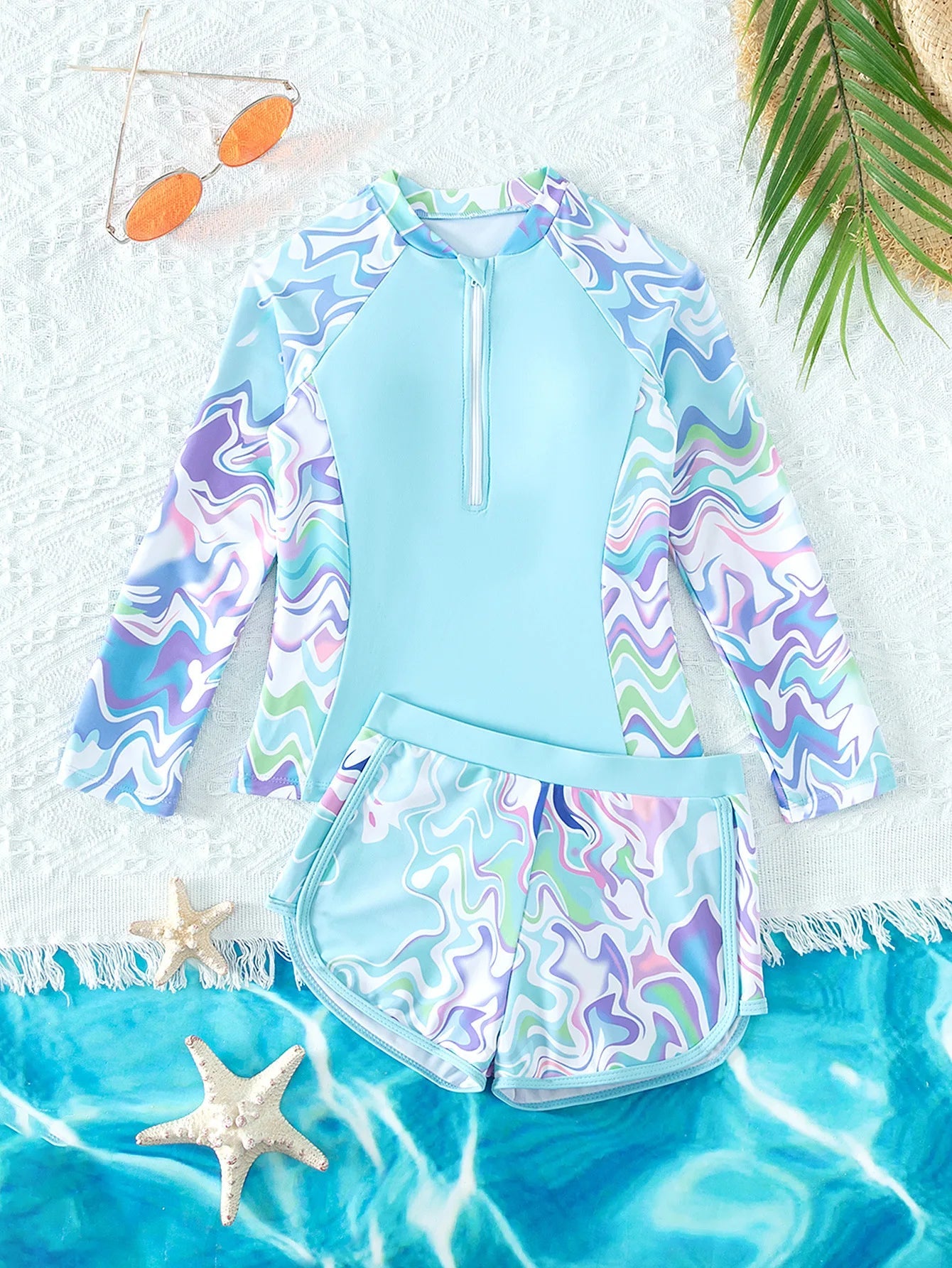Toddler Girls Swimsuit 2-Piece Set | Long Sleeve & Shorts