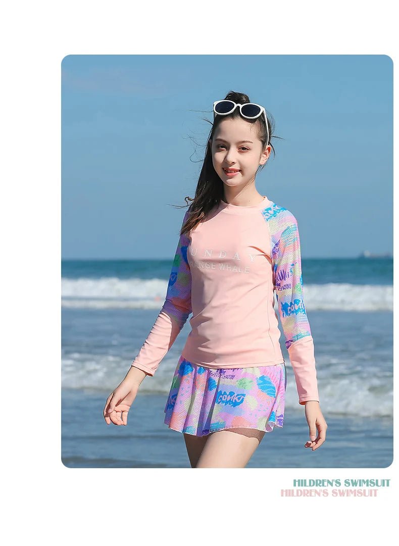 Girls UV Protection Swimsuit with Long Sleeves & Skirt