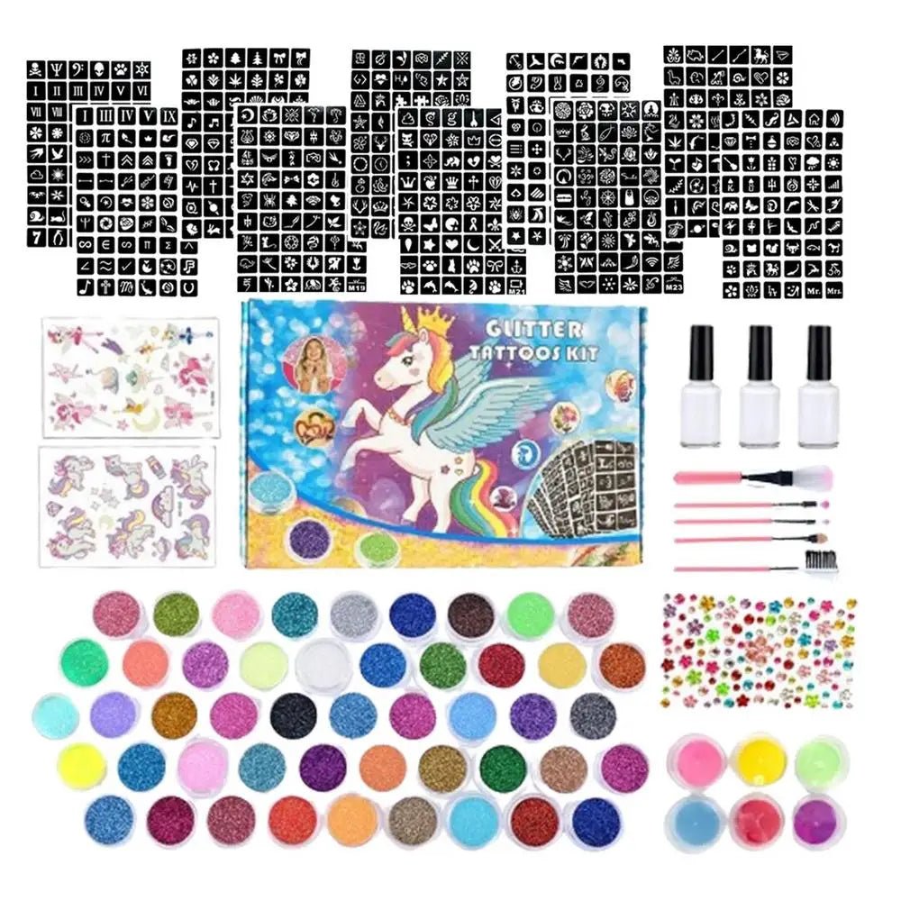 Waterproof Glitter Tattoos Kit, 540 Stencils, Skin-Safe