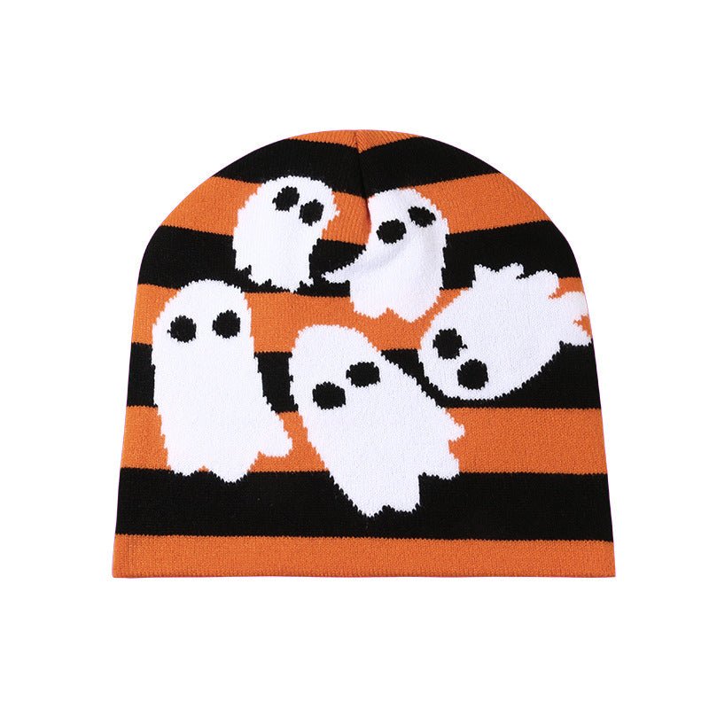 Halloween Knitted Hat - Cozy Acrylic with Pumpkin & Skull Design
