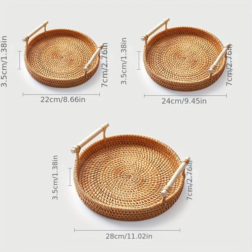 Handcrafted Rattan Tray With Wooden Handles - Elegant Decor