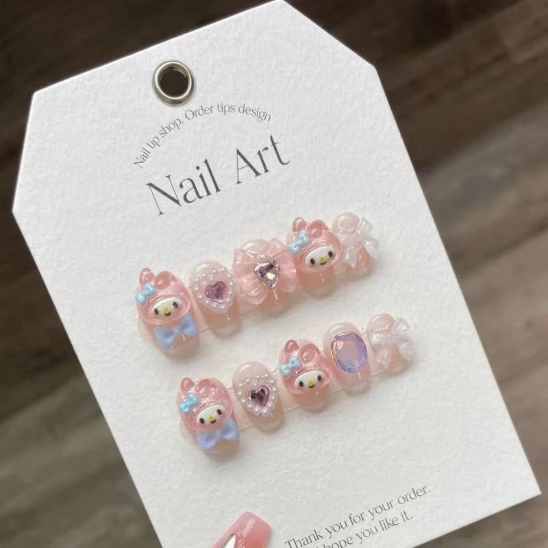 10Pc Trendy Press On Nails - Handmade Hello Kitty Art