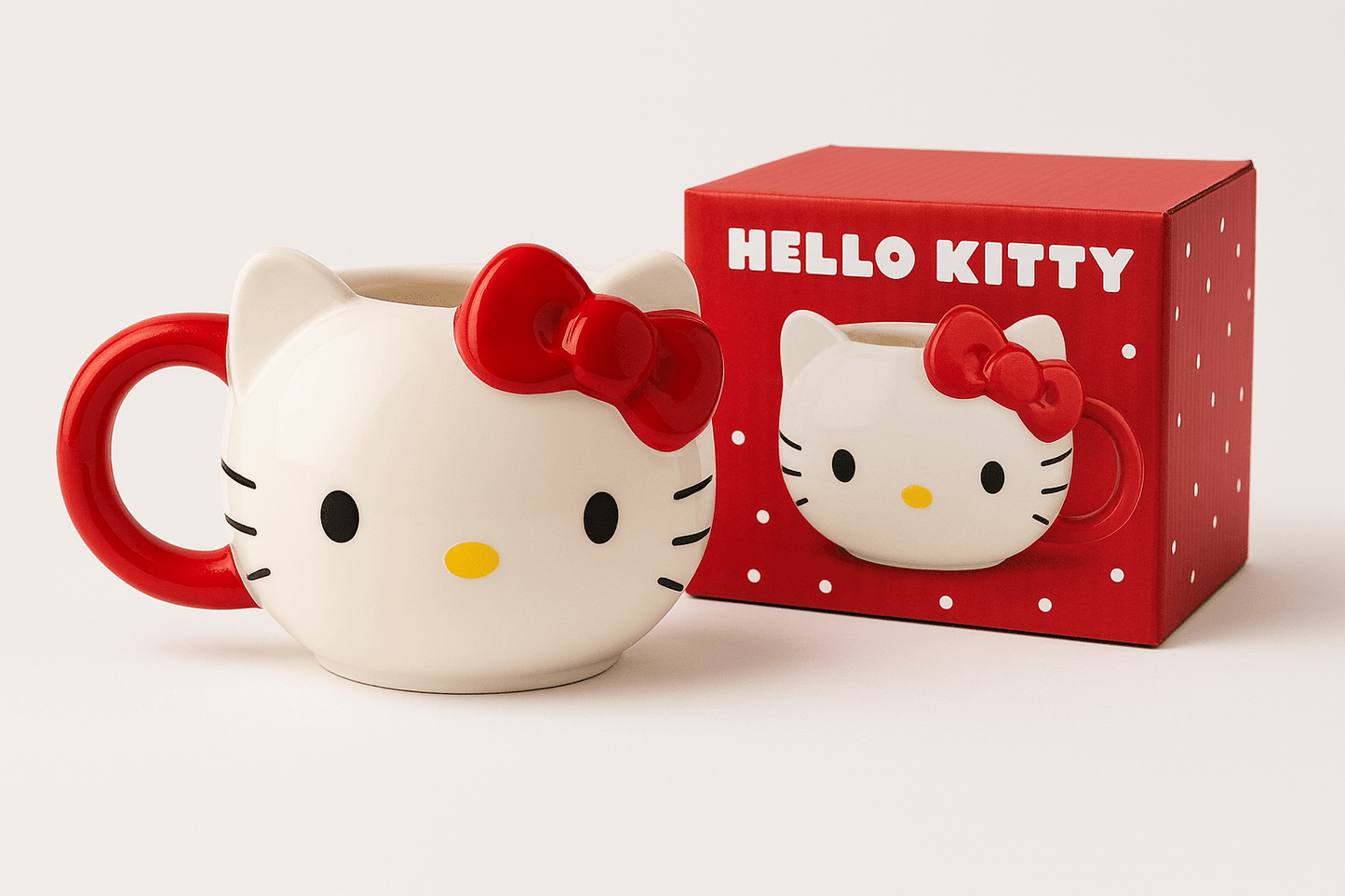 Hello Kitty Mug Gift Set displayed in a charming red polka dot box, featuring the official Sanrio logo, perfect for collectors and kawaii enthusiasts.