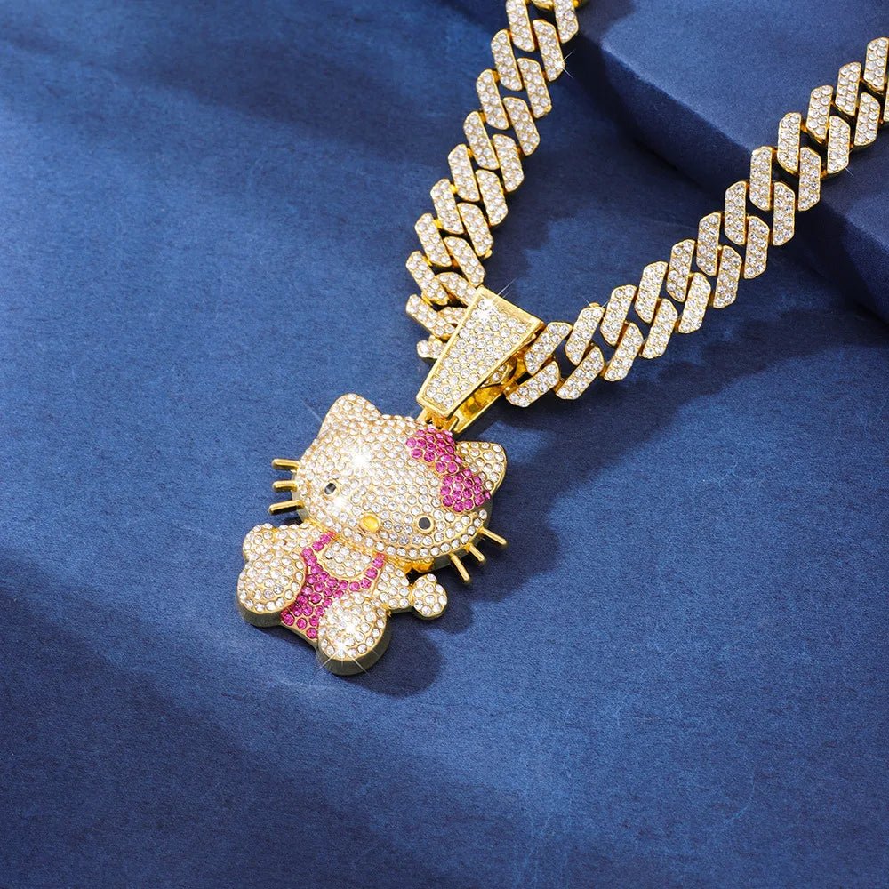 Hello Kitty Necklace with Diamond & Cuban Chain - Cute Jewelry