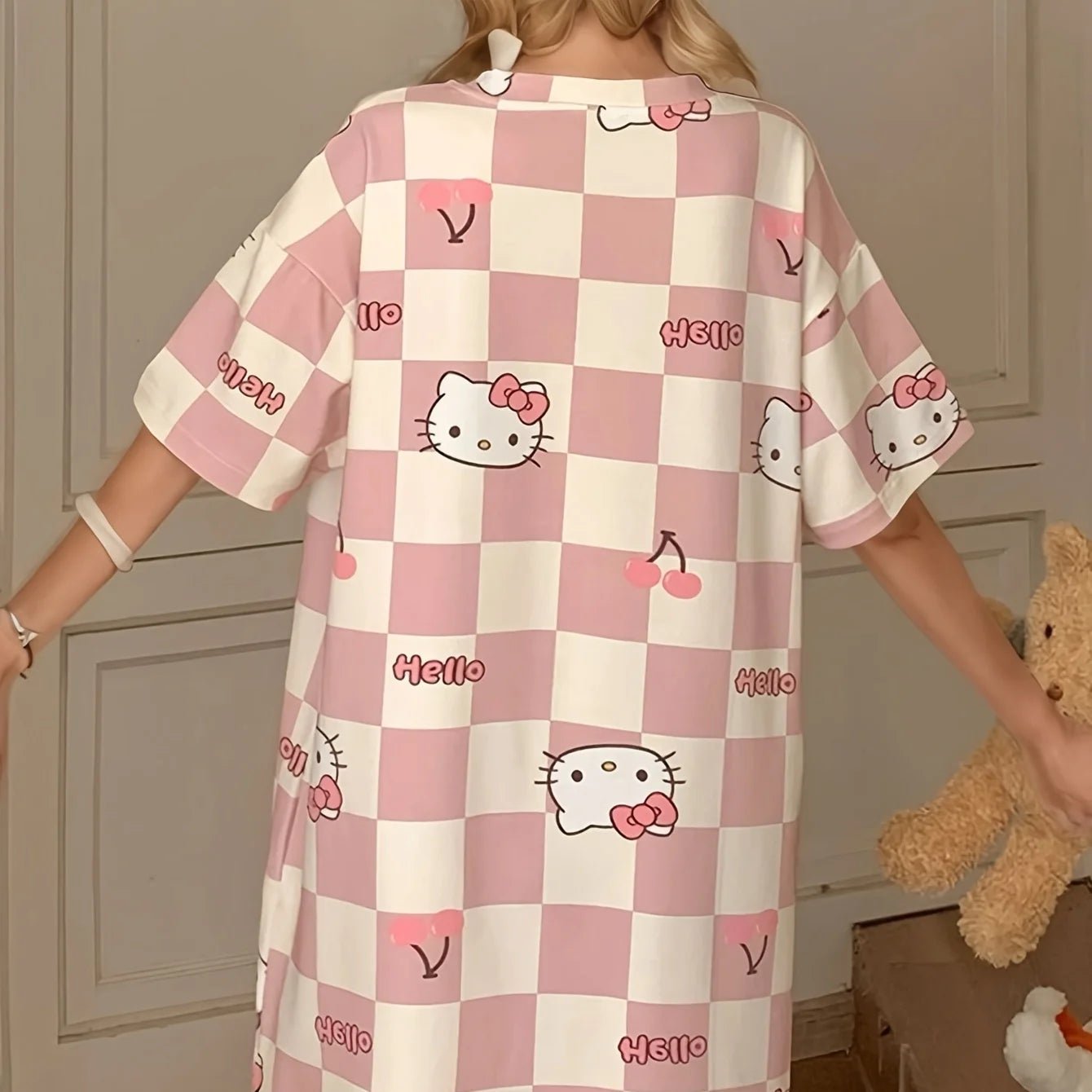 Cute Ladies Nightdress - Hello Kitty Pink Plaid Gown