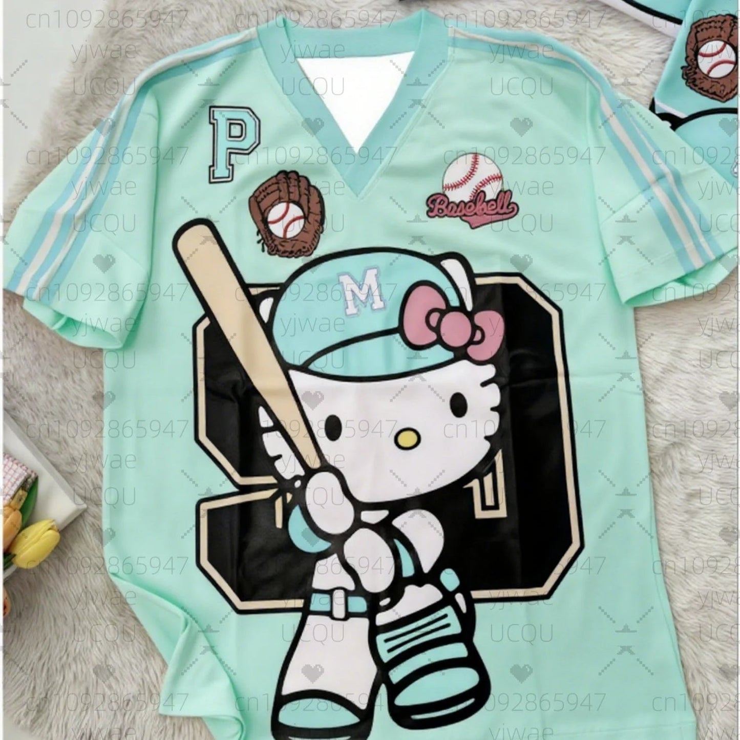 Cute Summer Tees: Hello Kitty Striped V-Neck Oversized Tee