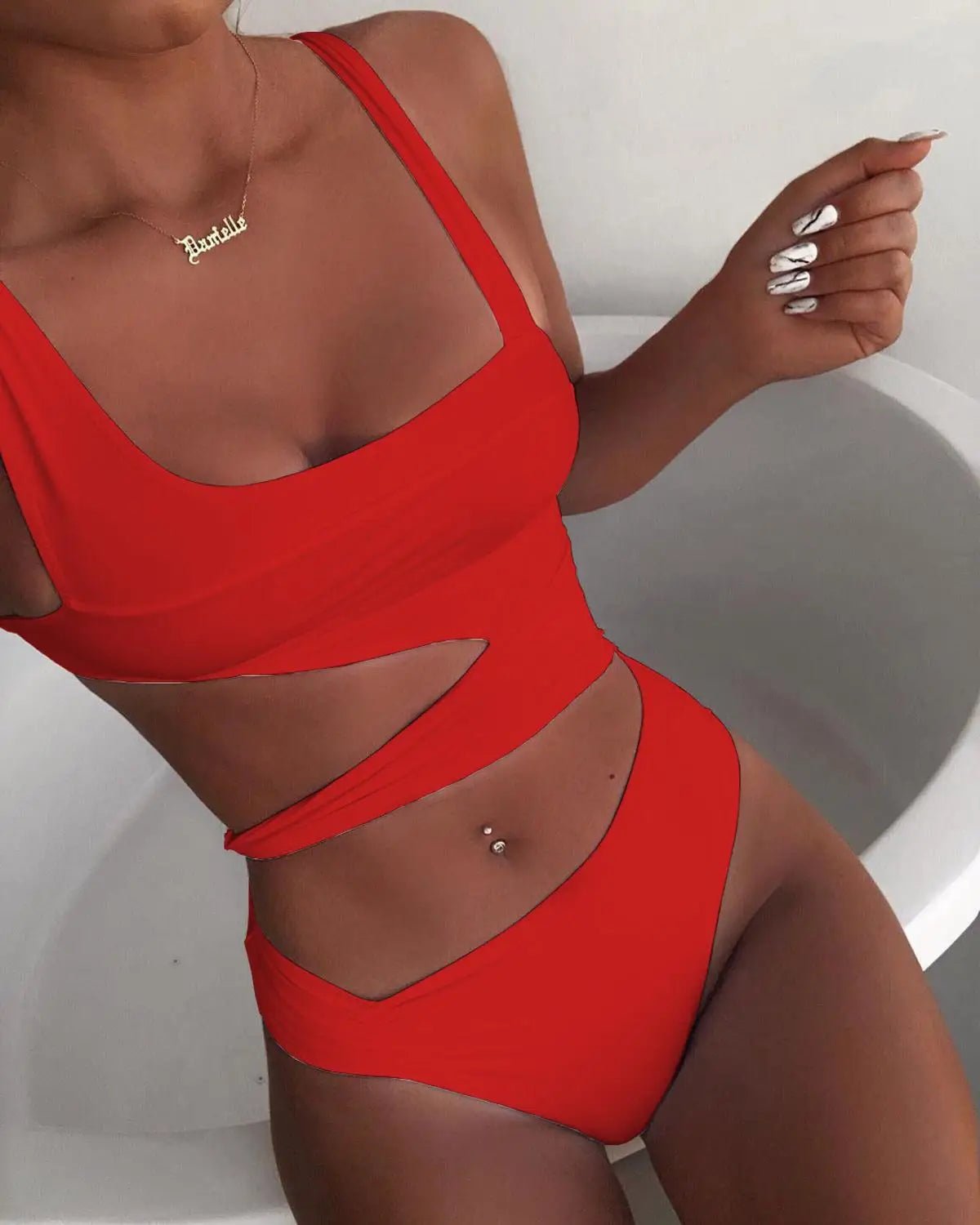 High Waist Swimsuit - Solid Colour With Stylish Cut-Outs