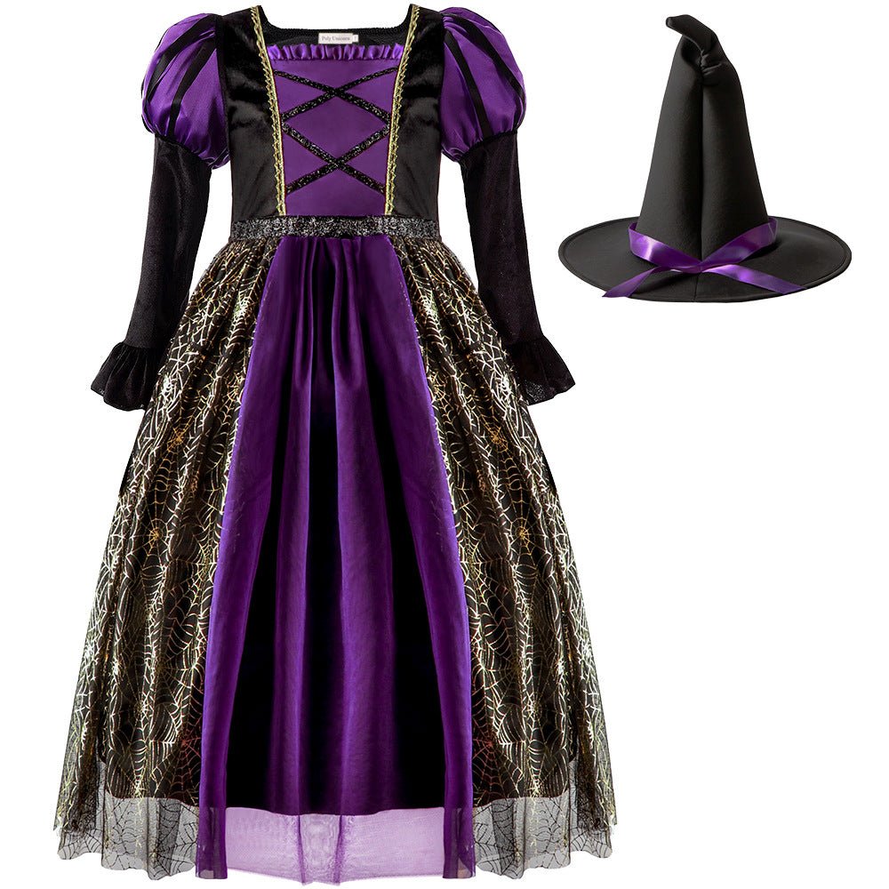 Kids Witch Costume Skirt With Spider Hat & Glowing Chain