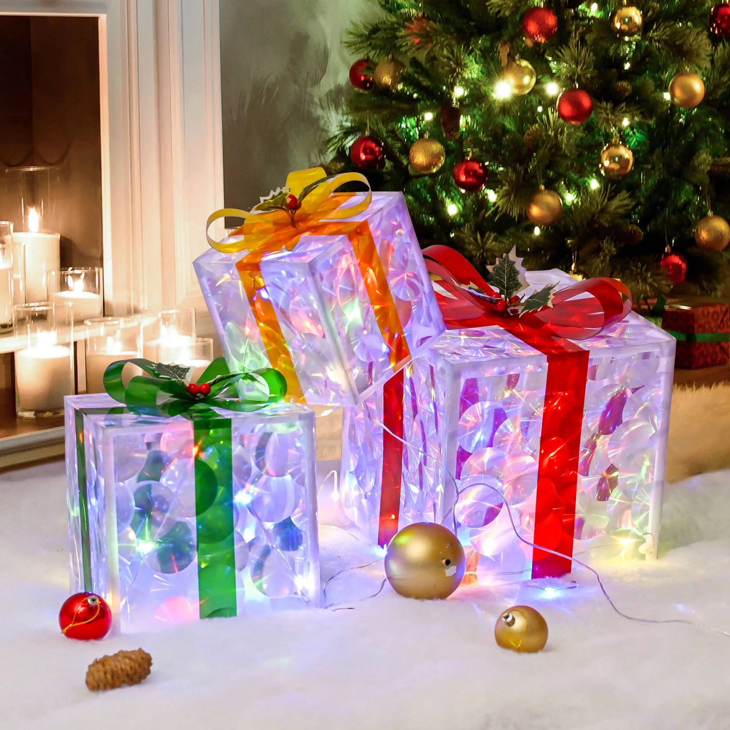 Set Of 3 LED Lighted Gift Boxes With 48 Lights For Festive Decor