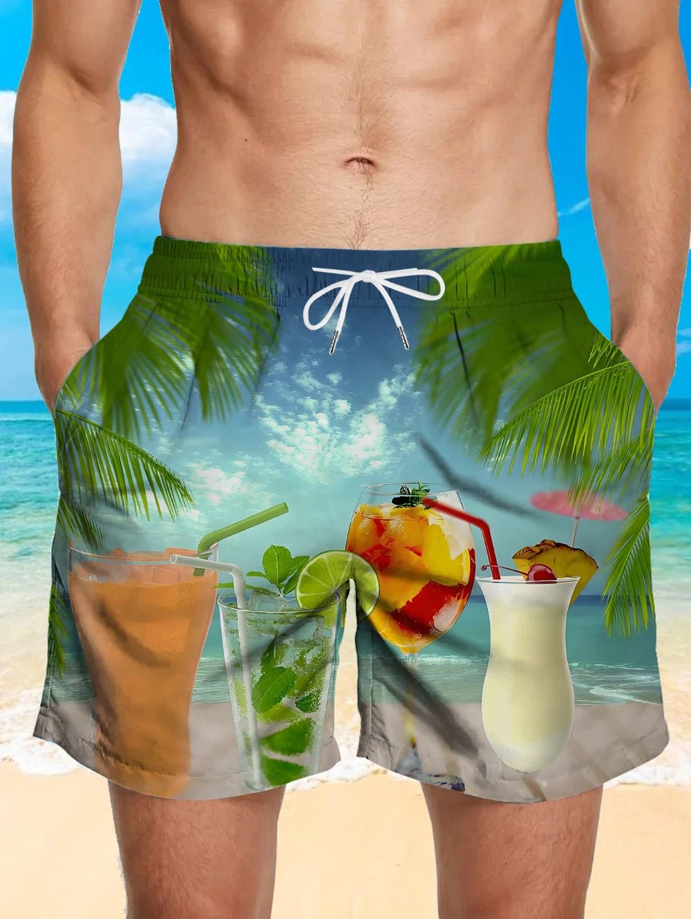 Hawaiian Print Swim Trunks - Quick-Dry Beach Shorts for Men