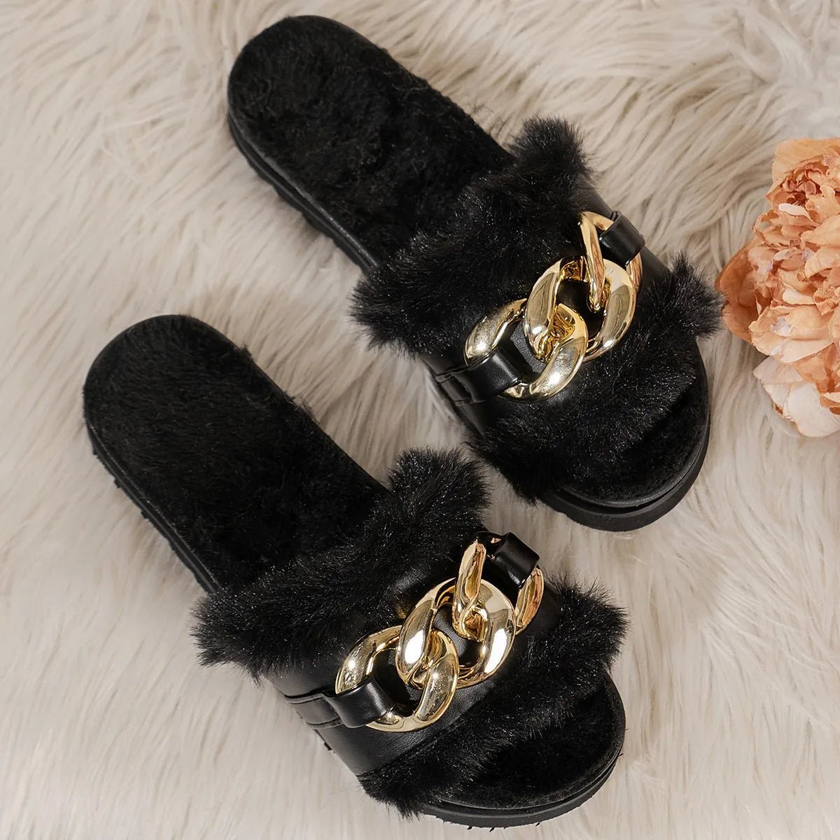 Metal Chain Winter Slippers - Chic & Cozy Footwear for Women