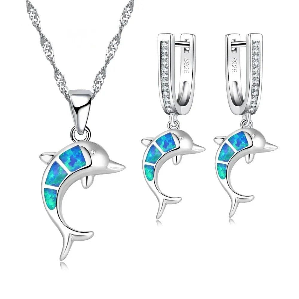 Stunning Opal Dolphin Jewelry Set - Necklace & Earrings