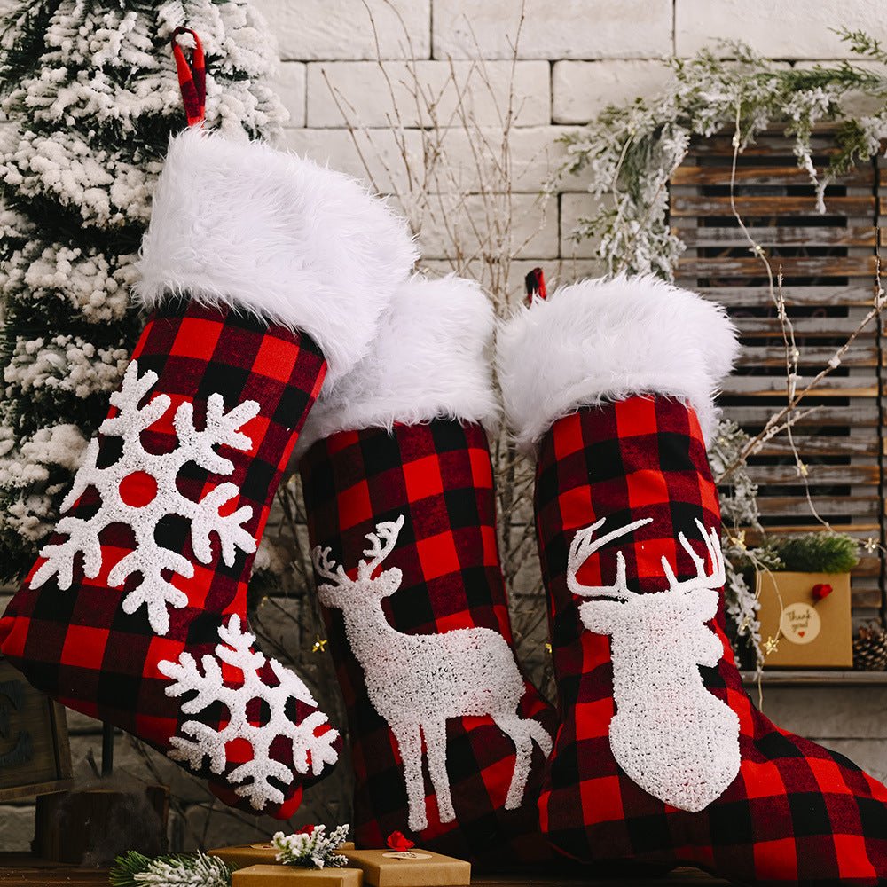 Red Plaid Christmas Stockings With Snowflake & Deer Patterns
