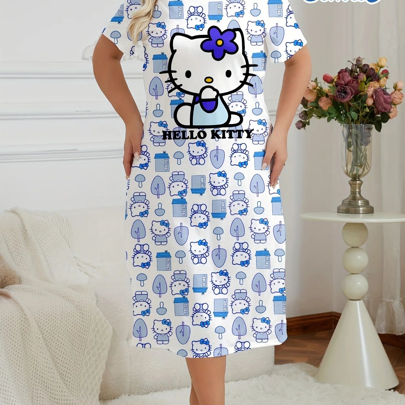 Hello Kitty Nightgown - Lightweight Blue Cartoon Pajamas