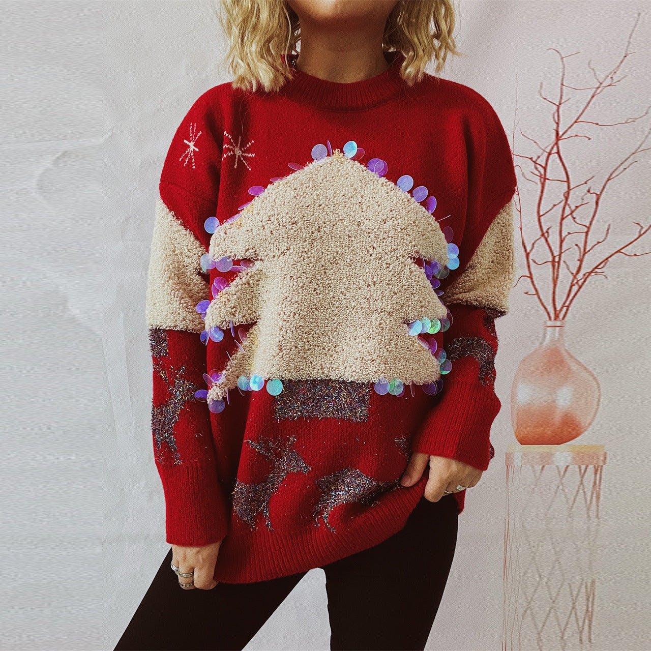 Festive Knitted Sweater With Handmade Sequin Christmas Tree