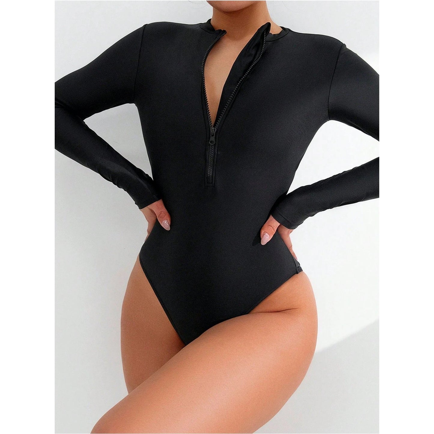 Black One Piece Swimsuit With Long Sleeves & Front Zipper