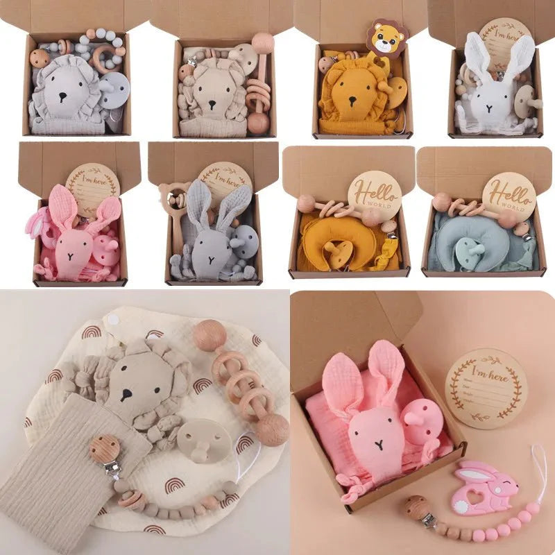 Baby Towel Gift Set - Soft Muslin Towel, Teether & Clips