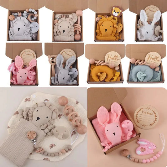 Baby Towel Gift Set - Soft Muslin Towel, Teether & Clips